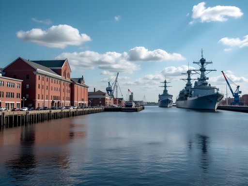 View of naval vessels and historic shipyard buildings from Portsmouth waterfront