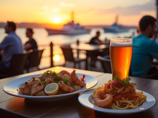 Affordable waterfront dining in Portsmouth with sunset views over the Elizabeth River