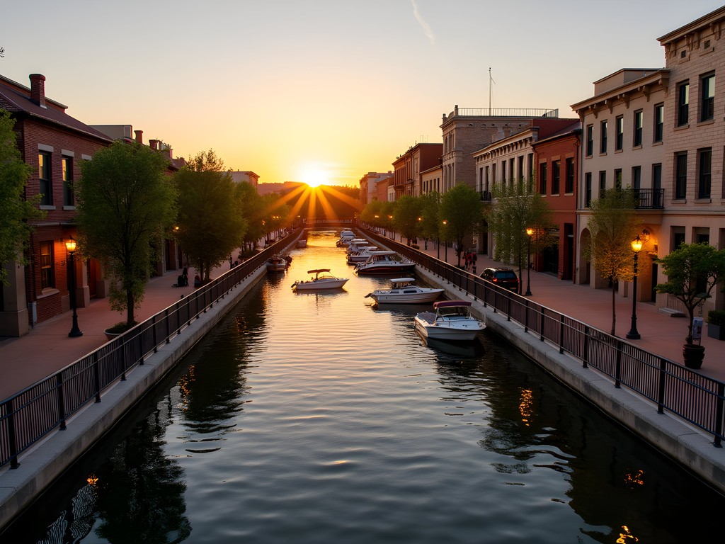 Sunset view of the Historic Arkansas Riverwalk in Pueblo