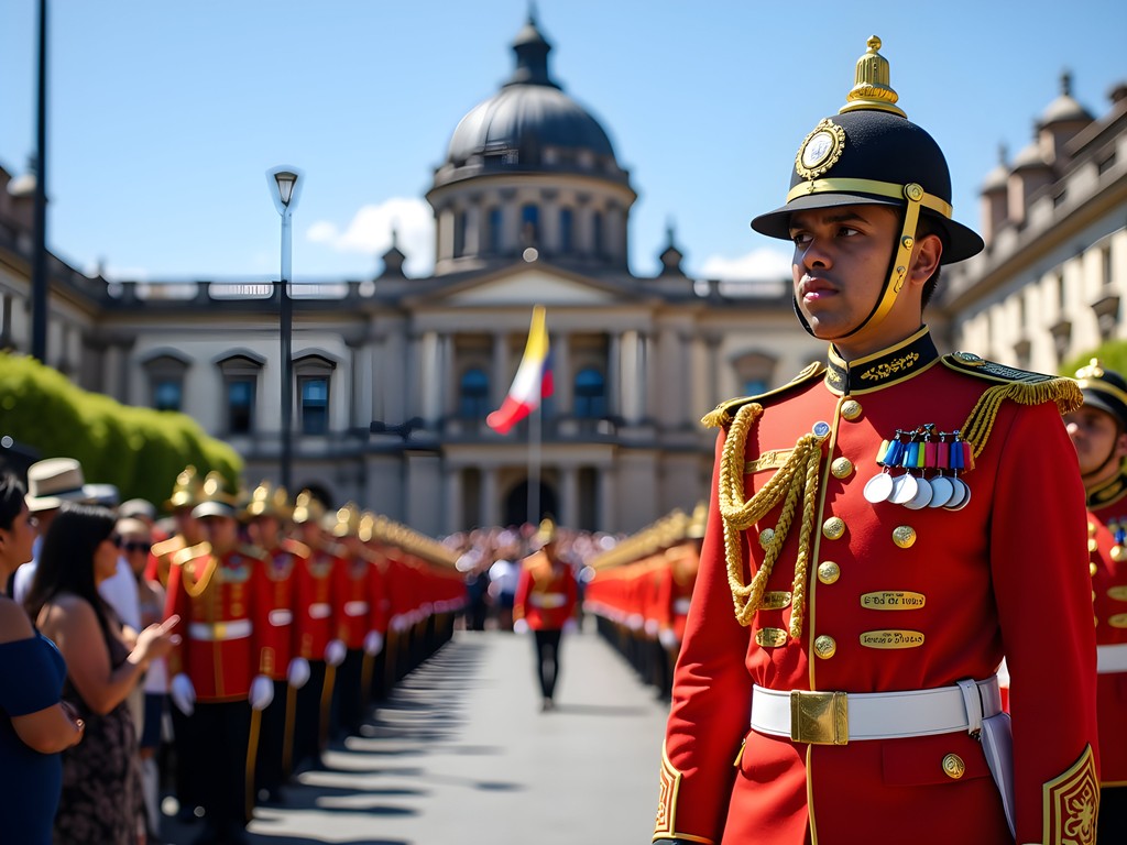 Colorful changing of the guard ceremony at Plaza Grande in Quito's historic center