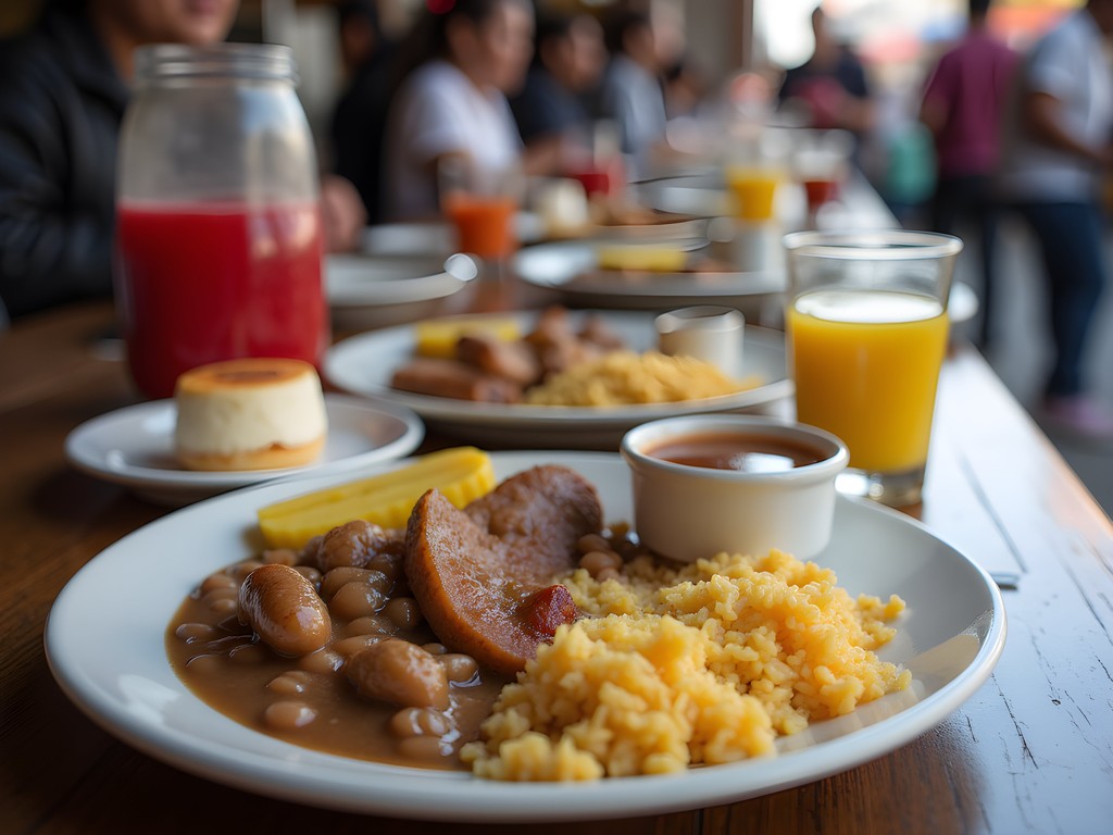 Traditional almuerzo lunch spread at Mercado Central in Quito