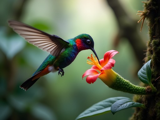 Vibrant hummingbird feeding in the Mindo Cloud Forest near Quito