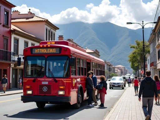 Quito's efficient Trolebus system with Andean mountains in background