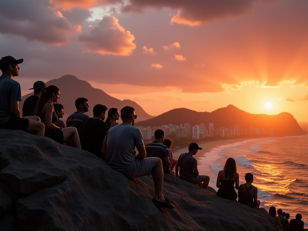 Locals and travelers gathered at Arpoador Rock for sunset applause ritual