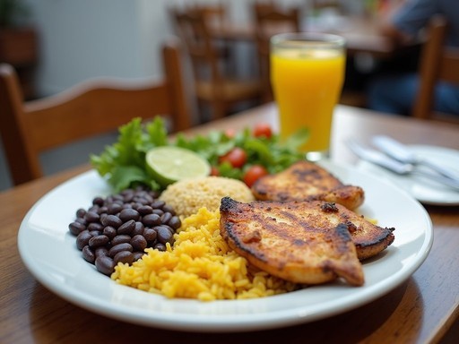 Traditional Brazilian prato feito lunch plate with rice, beans, and grilled chicken