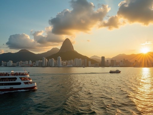 Panoramic view of Rio skyline from Niterói ferry at sunset