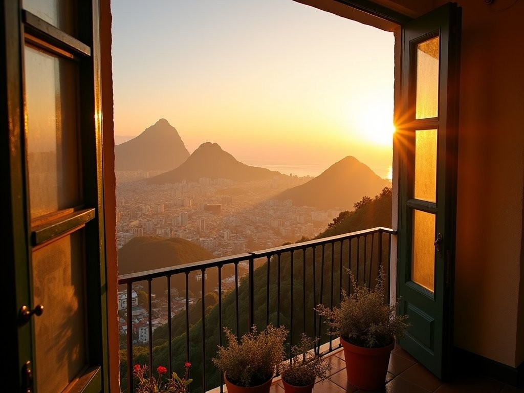 Sunrise view of Rio from a Santa Teresa guesthouse balcony