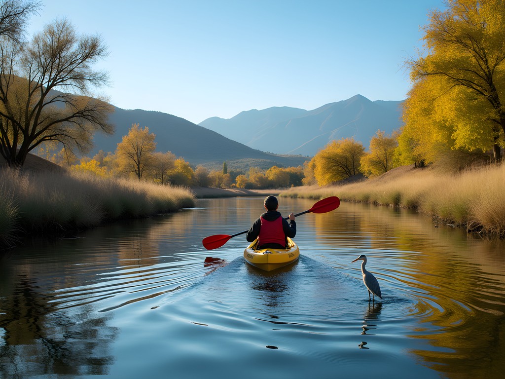 Kayaking on the Santa Ana River in Riverside with mountains in background