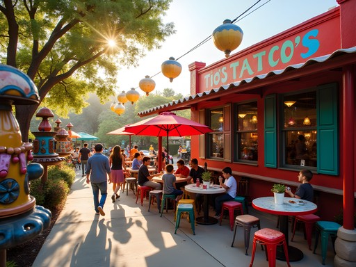 Colorful recycled art sculptures and installations at Tio's Tacos in Riverside