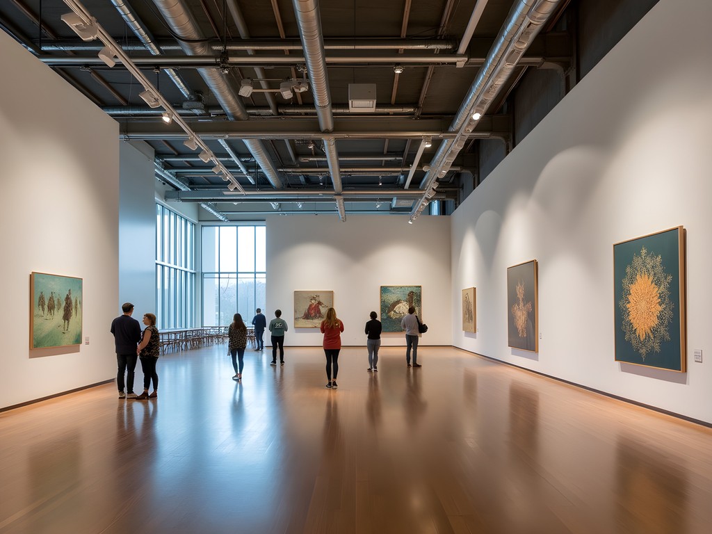 Contemporary art installation at Rochester Art Center with visitors viewing exhibits