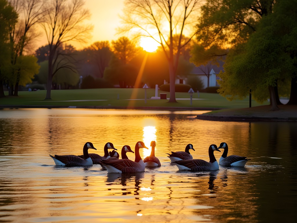 Canadian geese gathering at Silver Lake Park at sunset in Rochester, Minnesota