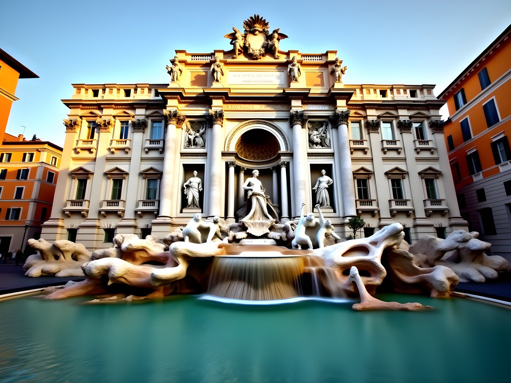 Empty Trevi Fountain at dawn with golden light