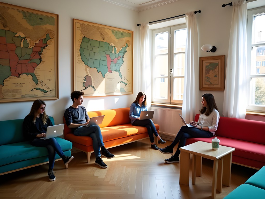 Bright common area in Roman budget hostel with ancient map on wall