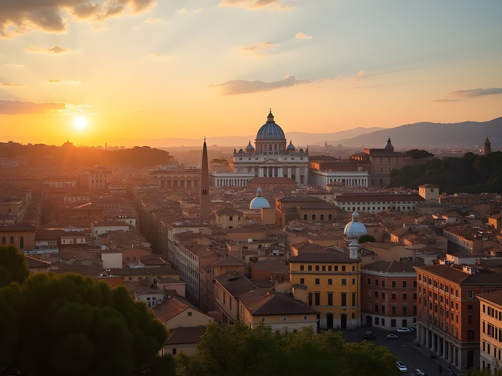 Panoramic sunset view of Rome from Gianicolo Hill