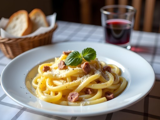Authentic pasta carbonara and house wine at a neighborhood trattoria in Rome