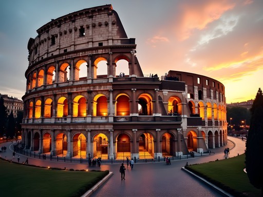 View of the Colosseum at sunset with warm golden light and few tourists