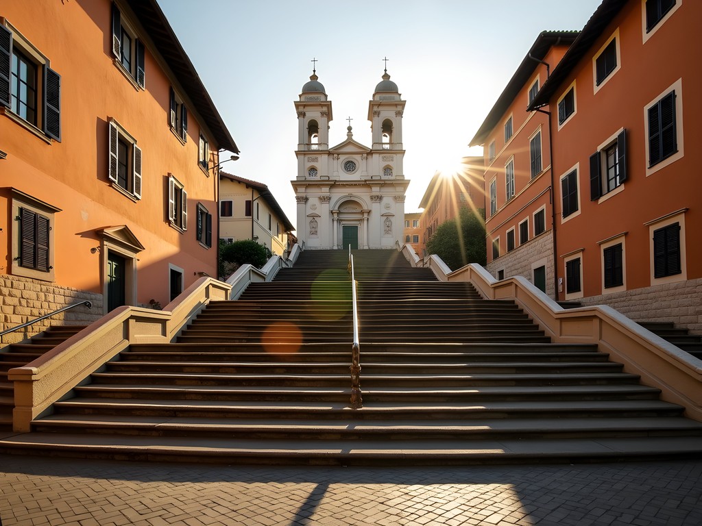 Empty Spanish Steps at dawn with golden morning light in Rome
