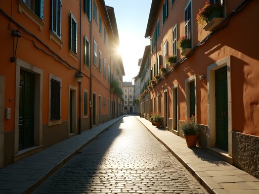 Early morning empty streets in Rome's historic center with golden light