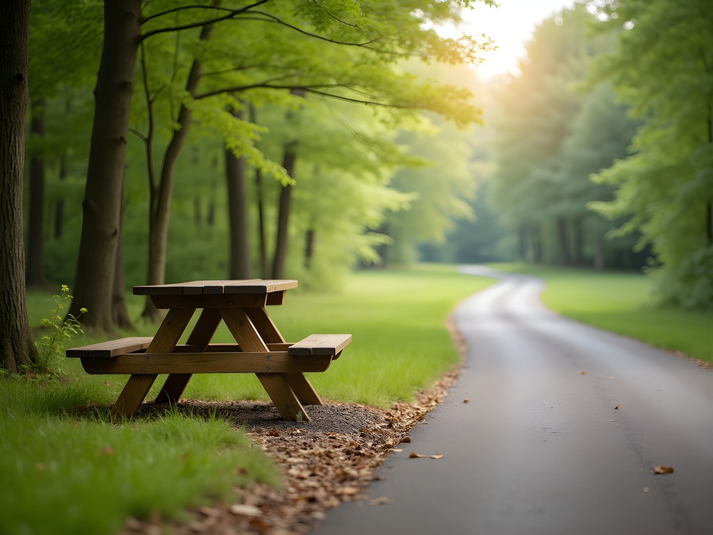 Picnic spot along Salem's rail trail with forest views