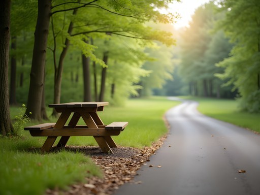Picnic spot along Salem's rail trail with forest views