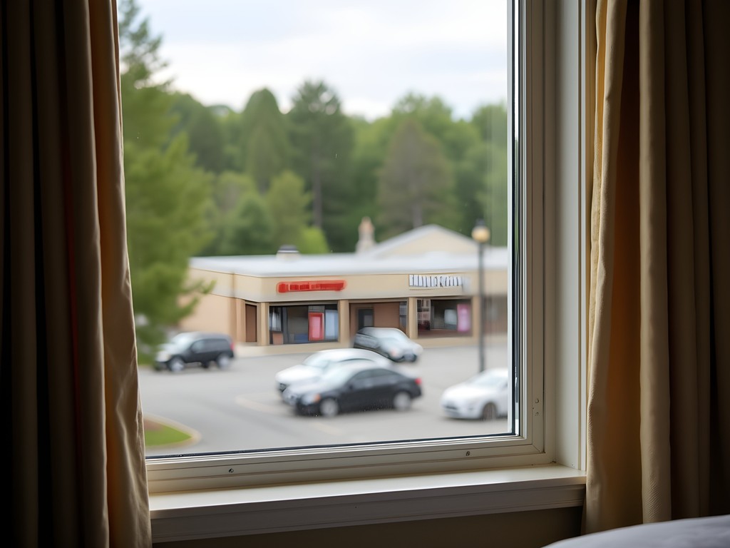 View from hotel room in Salem, NH showing shopping areas and natural surroundings