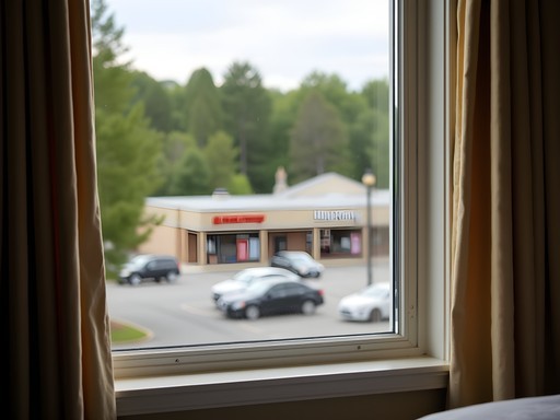 View from hotel room in Salem, NH showing shopping areas and natural surroundings