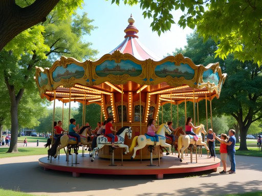 Vintage carousel at Oakdale Park in Salina Kansas with families