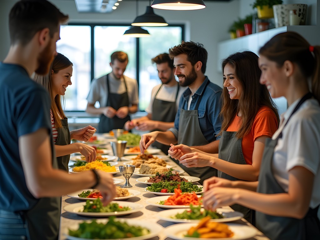 Travelers cooking together in a hostel community kitchen in San Diego