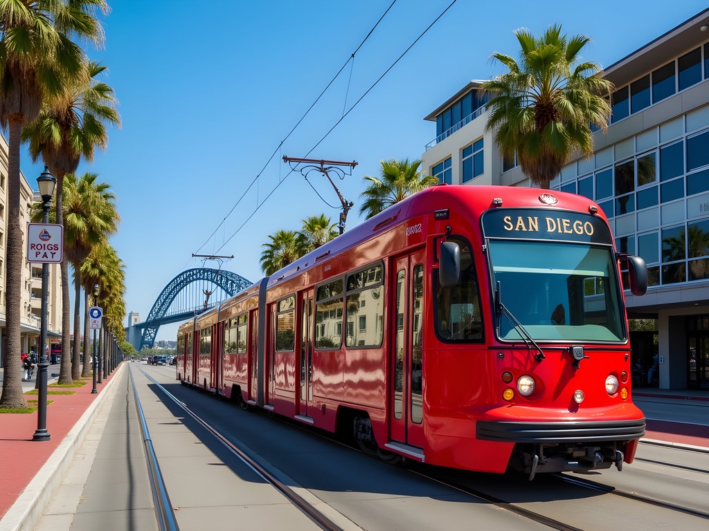 San Diego Trolley passing through downtown with Coronado Bridge in background