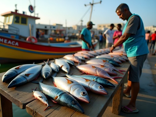 Fresh fish catch at Santa Maria's colorful fishing pier in Cape Verde