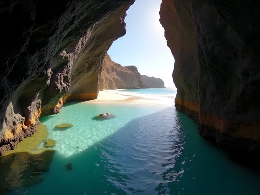 Secluded beach cove near Santa Maria, Cape Verde with volcanic rocks and turquoise water
