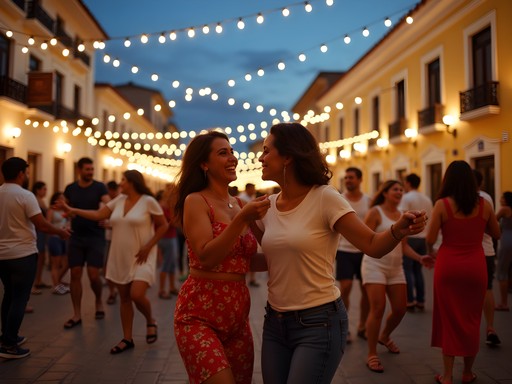 Evening scene at Plaza Valerio in Santiago with locals dancing to live merengue music
