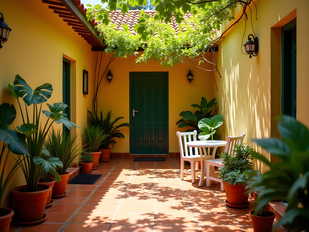 Charming courtyard of a budget guesthouse in Santiago with tropical plants