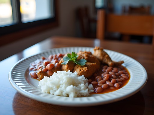 Traditional Dominican lunch plate 'La Bandera' with rice, beans and meat in Santiago local restaurant