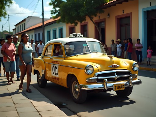 Authentic público shared taxi in Santiago with locals boarding during afternoon