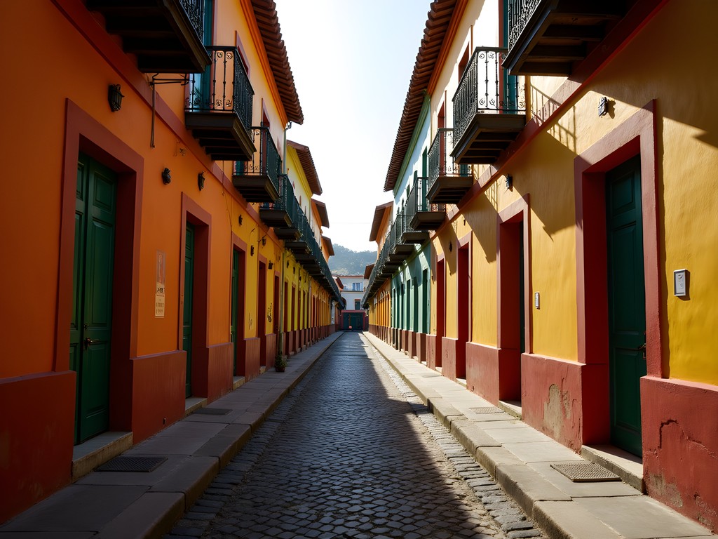 Narrow cobblestone street in Santo Domingo's Colonial Zone with colorful buildings and historical architecture