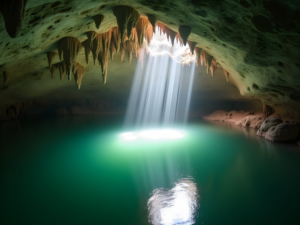Emerald green lagoon in Los Tres Ojos National Park with limestone formations and natural light streaming through cave opening
