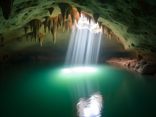 Emerald green lagoon in Los Tres Ojos National Park with limestone formations and natural light streaming through cave opening