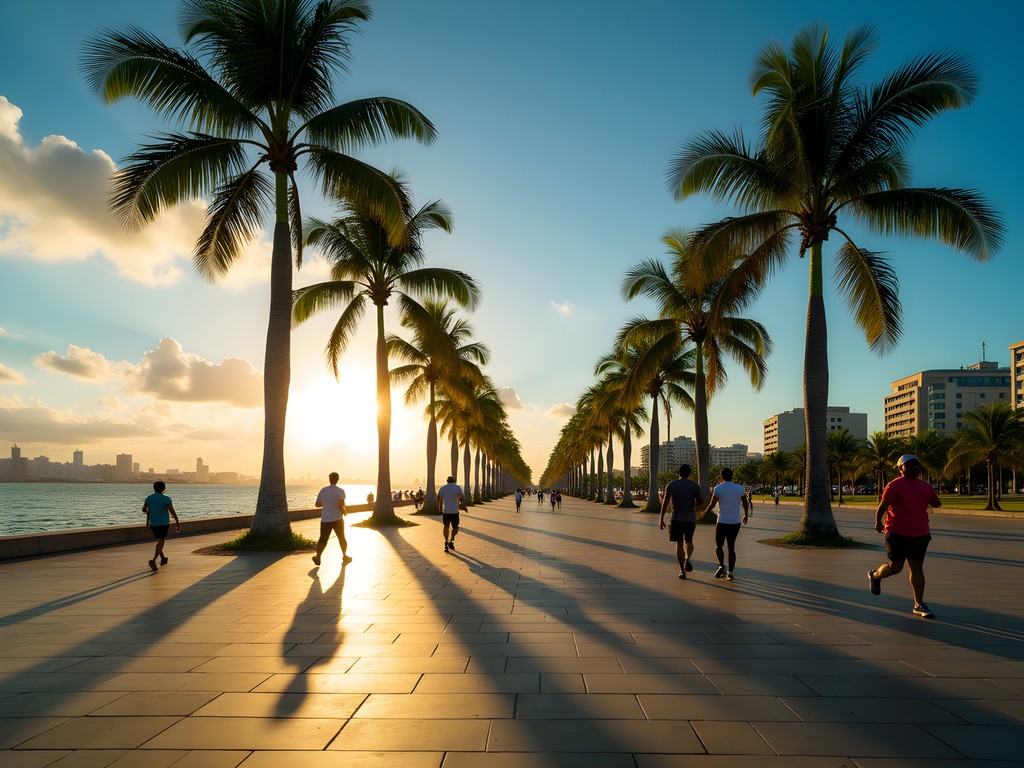 Santo Domingo's Malecón at sunrise with palm trees, Caribbean Sea views, and locals exercising