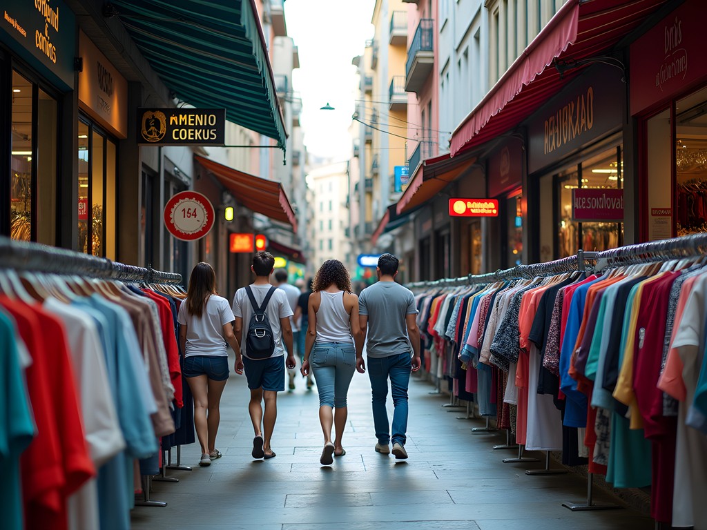 Young man browsing colorful clothing racks in São Paulo's Brás neighborhood