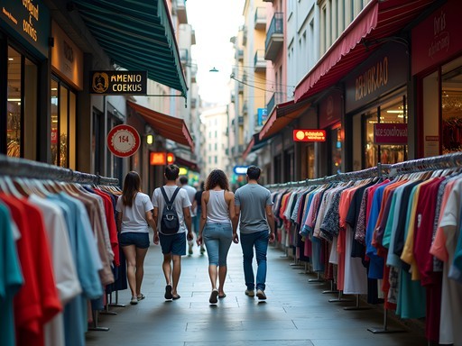 Young man browsing colorful clothing racks in São Paulo's Brás neighborhood