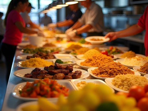 Colorful por kilo restaurant buffet in São Paulo with variety of Brazilian dishes
