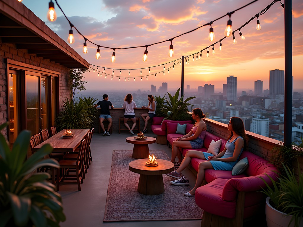 Stylish hostel rooftop in Vila Madalena with city views and budget travelers socializing