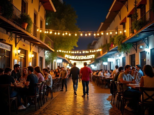 Lively night scene in Vila Madalena with outdoor seating, string lights, and young people socializing