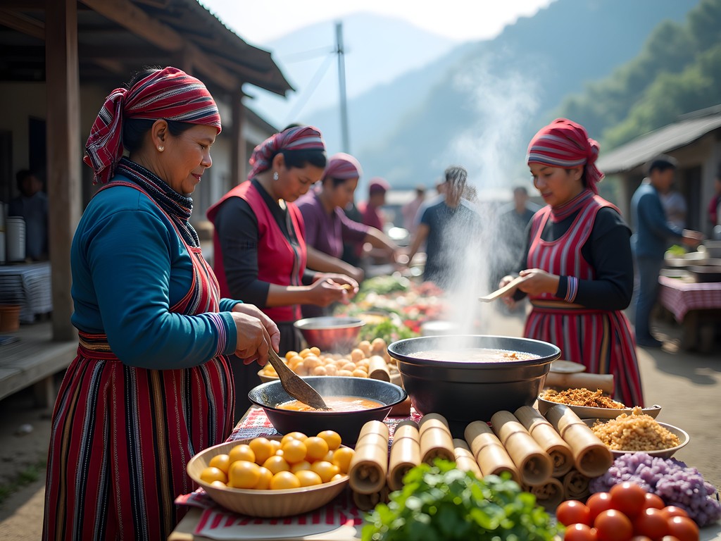 Local food stalls at hill tribe market in Sapa Vietnam