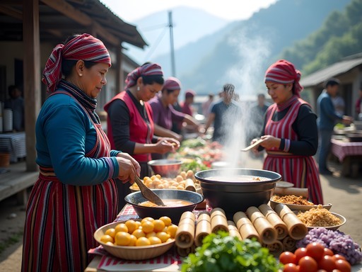 Local food stalls at hill tribe market in Sapa Vietnam