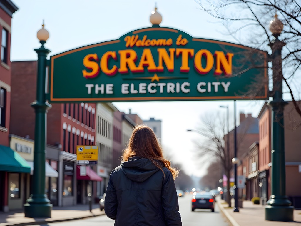 Traveler posing at the Welcome to Scranton sign from The Office