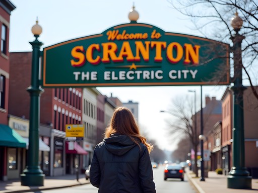 Traveler posing at the Welcome to Scranton sign from The Office