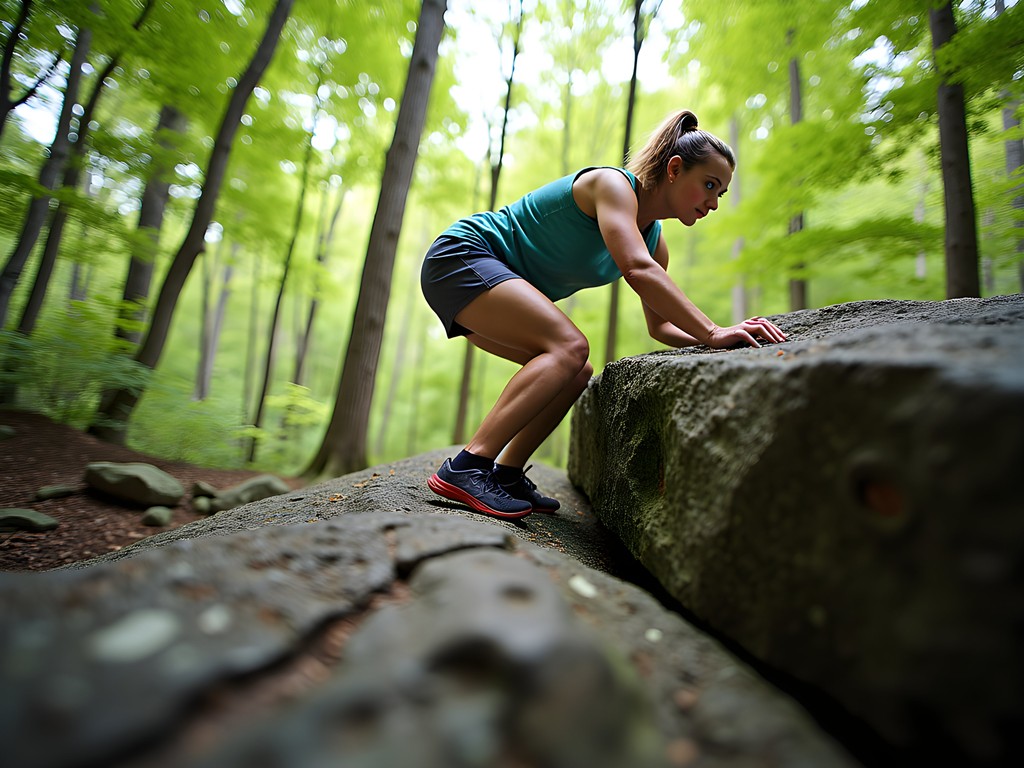 Rock climber on boulder problem at Moosic Mountain near Scranton