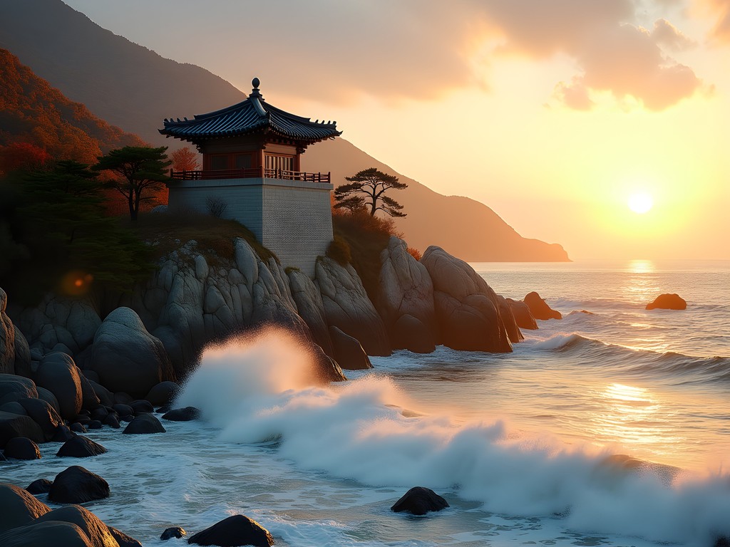 Sunrise at Haedong Yonggungsa Temple on Busan's rocky coast with fall colors